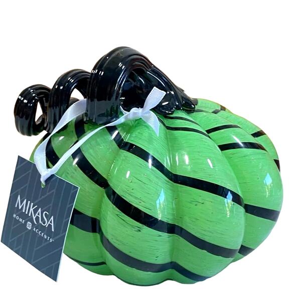 Mikasa Hand Blown Art Glass Pumpkin Black & Green Striped Halloween Fall Decor - Picture 1 of 5
